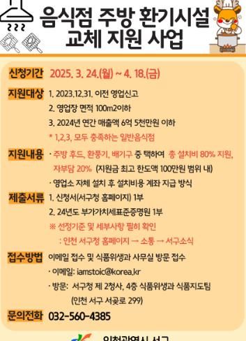 인천 서구, 영세 음식점 노후 주방 환기시설 교체 