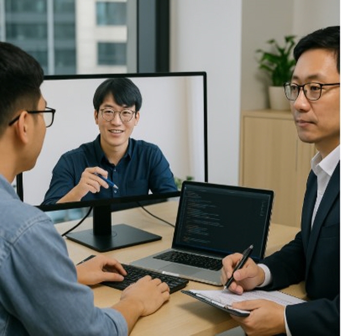 서울에서 진행된 한국어 가능한 BA와 스타트업 고객 간의 미팅 장면이며, 베트남 개발자가 화면을 통해 원격으로 참여하고 있다. (출처: OpenAI 챗GPT)