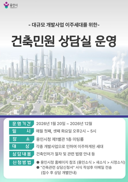 용인특례시가 개발사업에 따른 이주세대를 위해 '맞춤형 건축민원 상담 서비스'를 운영한다.