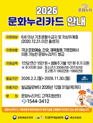 2026년 통합문화이용권·청년문화예술패스 제도 개편... 양주시 대상자 지원 확대 적용